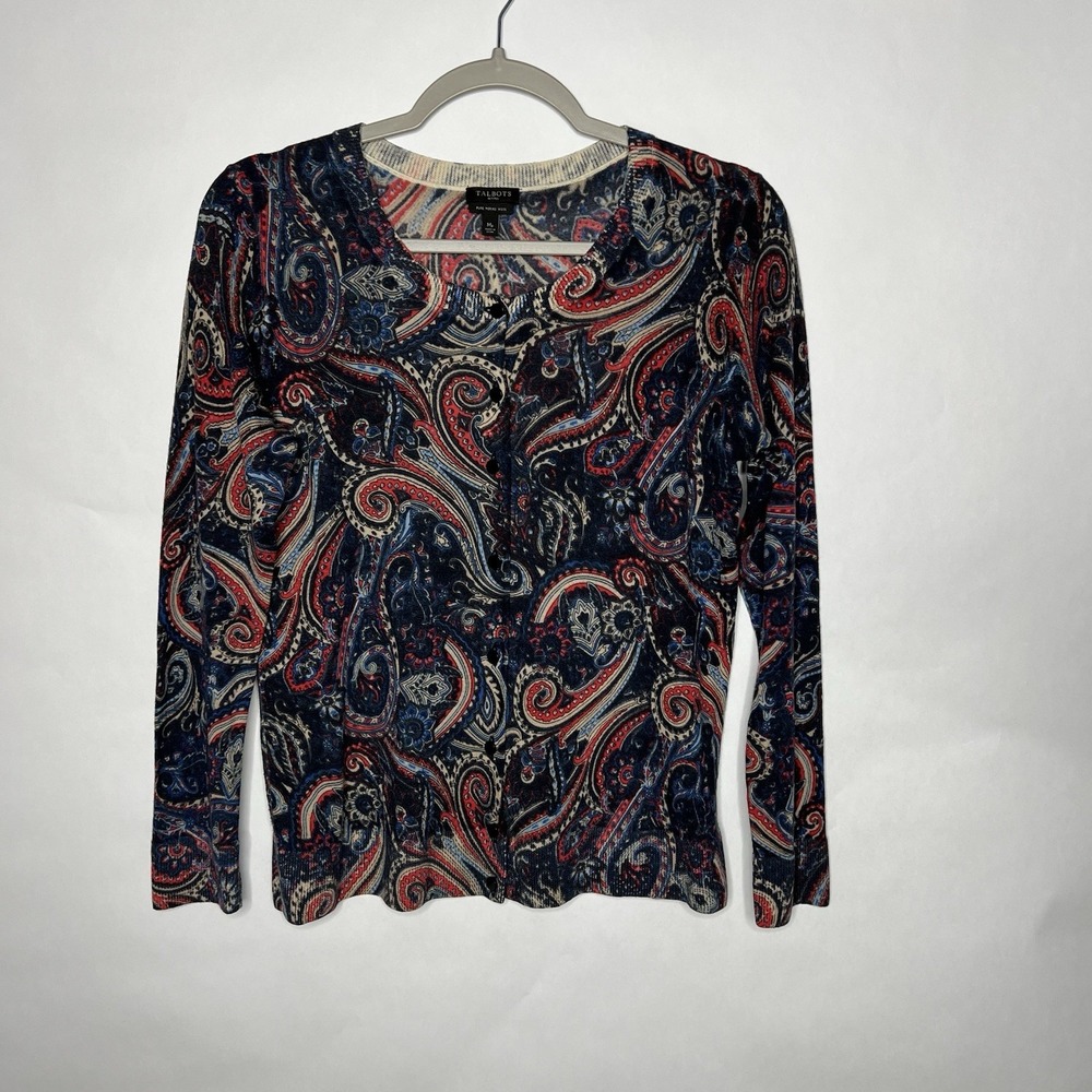 Talbots 100% Merino Wool Cardigan Sweater Womens Petite Medium Colorful Paisley